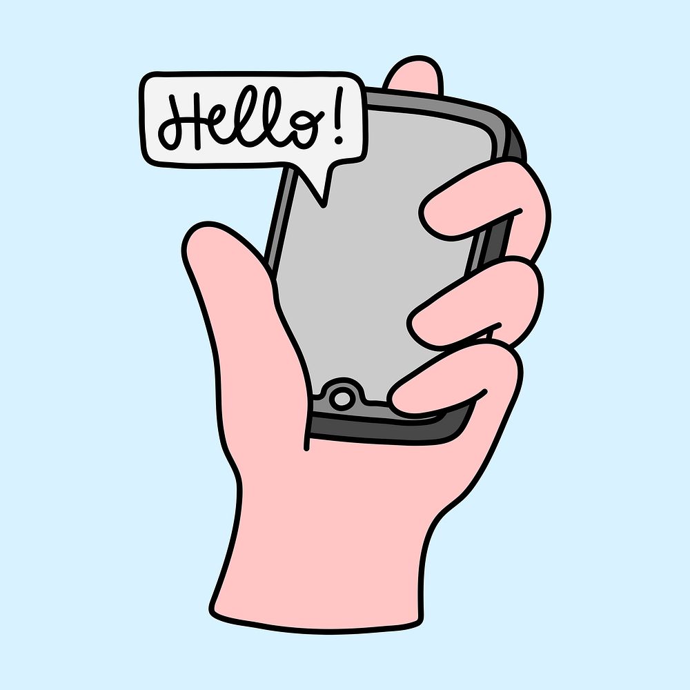 Hand holding smartphone sticker, social media doodle psd