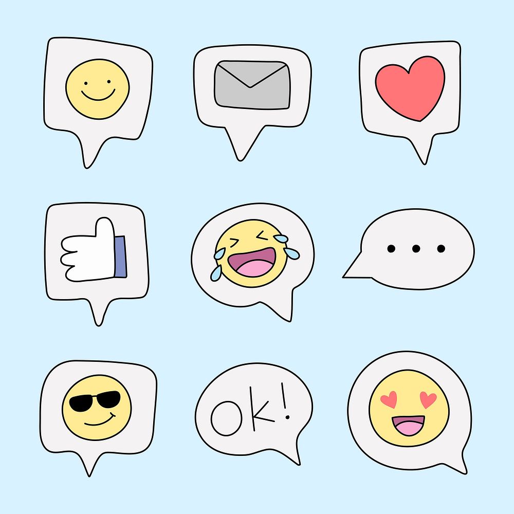 Social media emoticon sticker, reaction doodle vector set