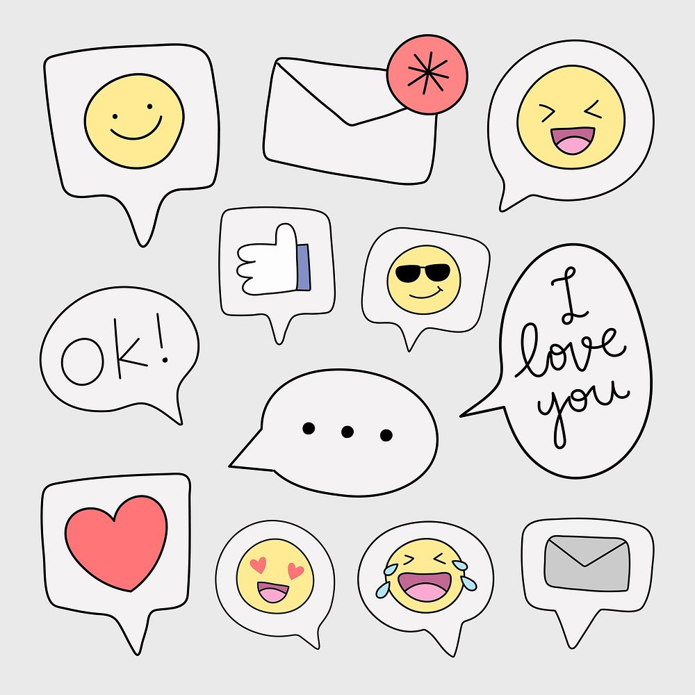 Social media emoticon sticker, reaction doodle vector set