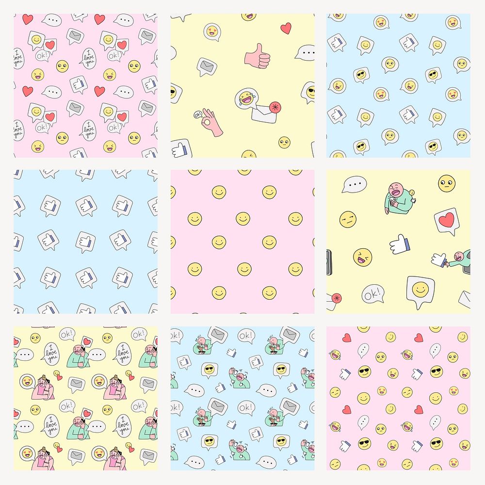 Emoticon doodle pattern background, social media, colorful set psd