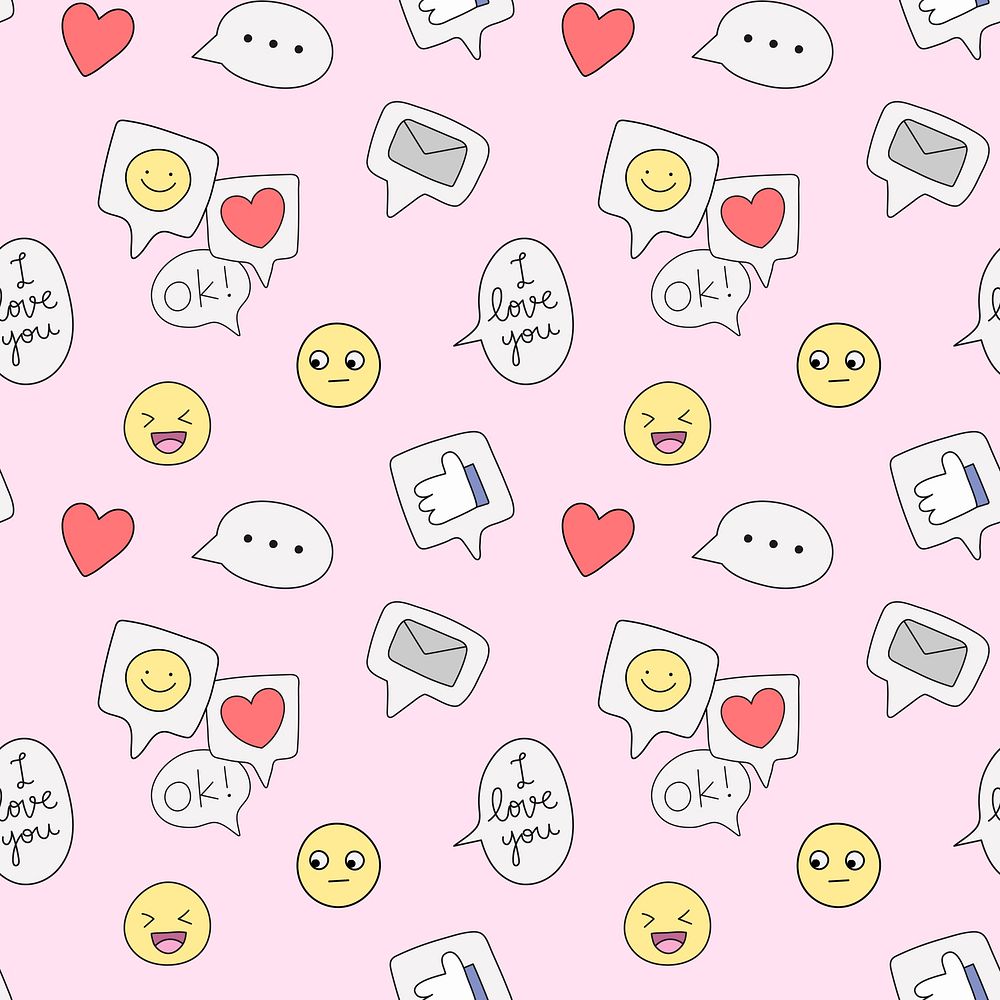 Pink seamless pattern background, emoticon doodle