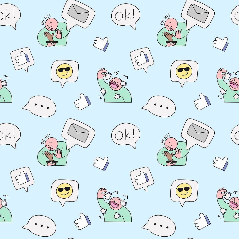 Social media doodle background, emoticon doodle, seamless pattern vector