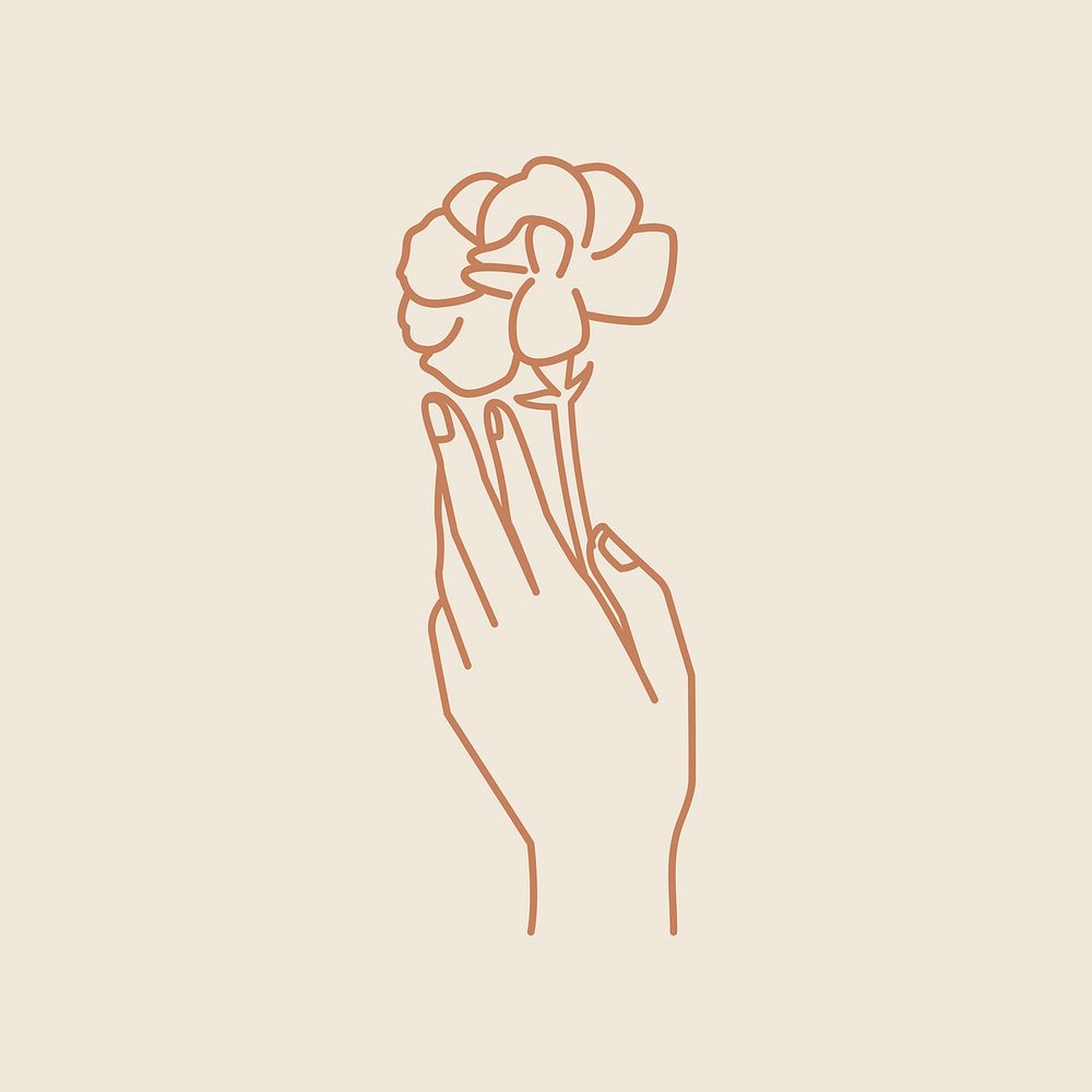 Hand holding flower sticker, monoline illustration psd