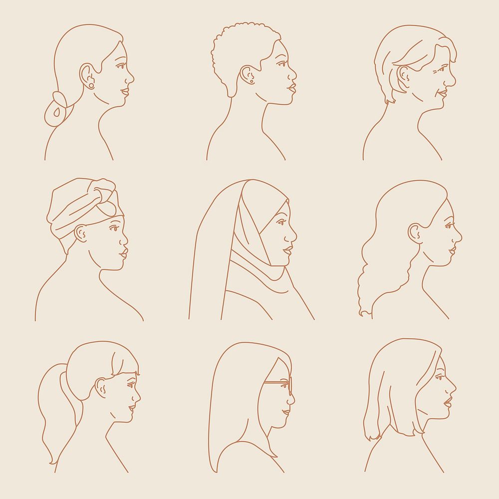 Diverse women portrait sticker, aesthetic monoline art vector set