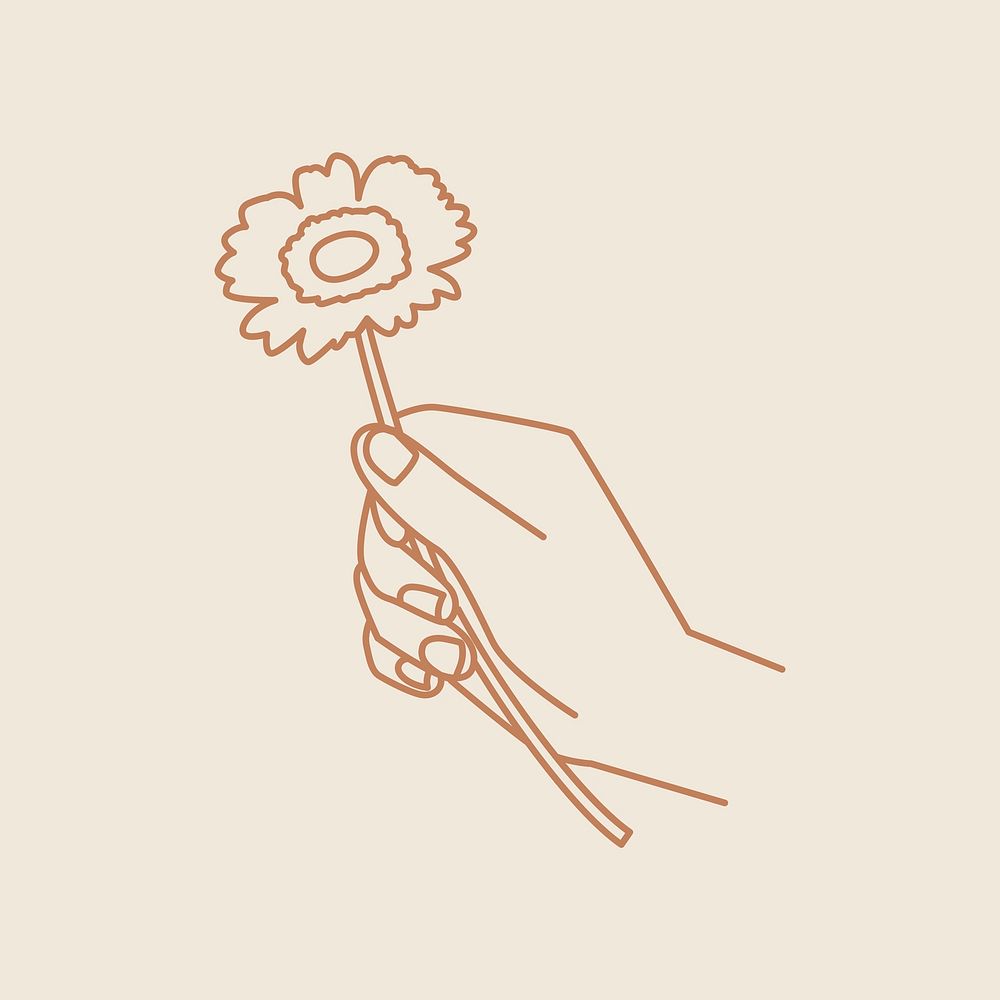 Hand holding flower sticker, monoline illustration psd