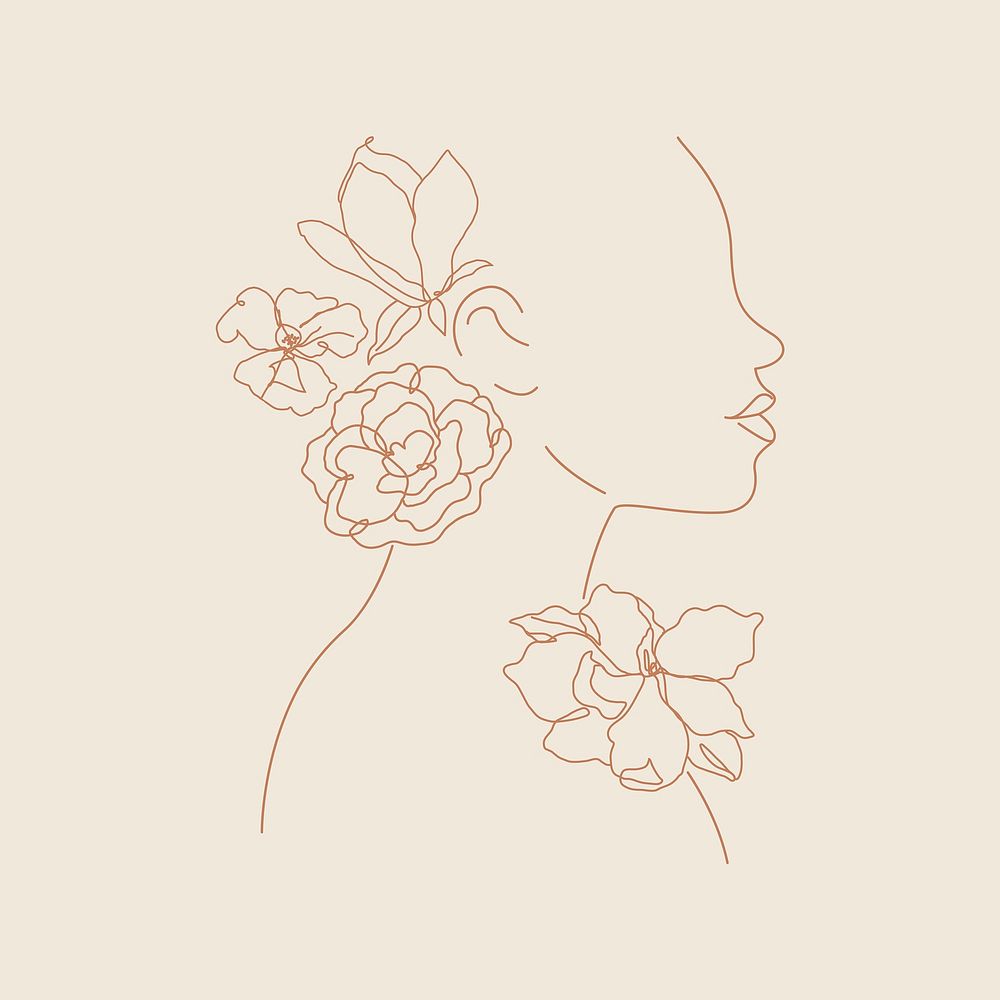 Female monoline portrait sticker, aesthetic floral design vector