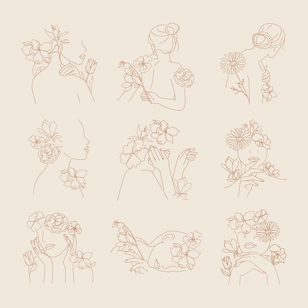 Floral women's portrait sticker, botanical monoline psd set