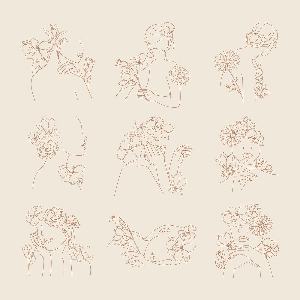 Floral women's portrait sticker, botanical monoline vector set