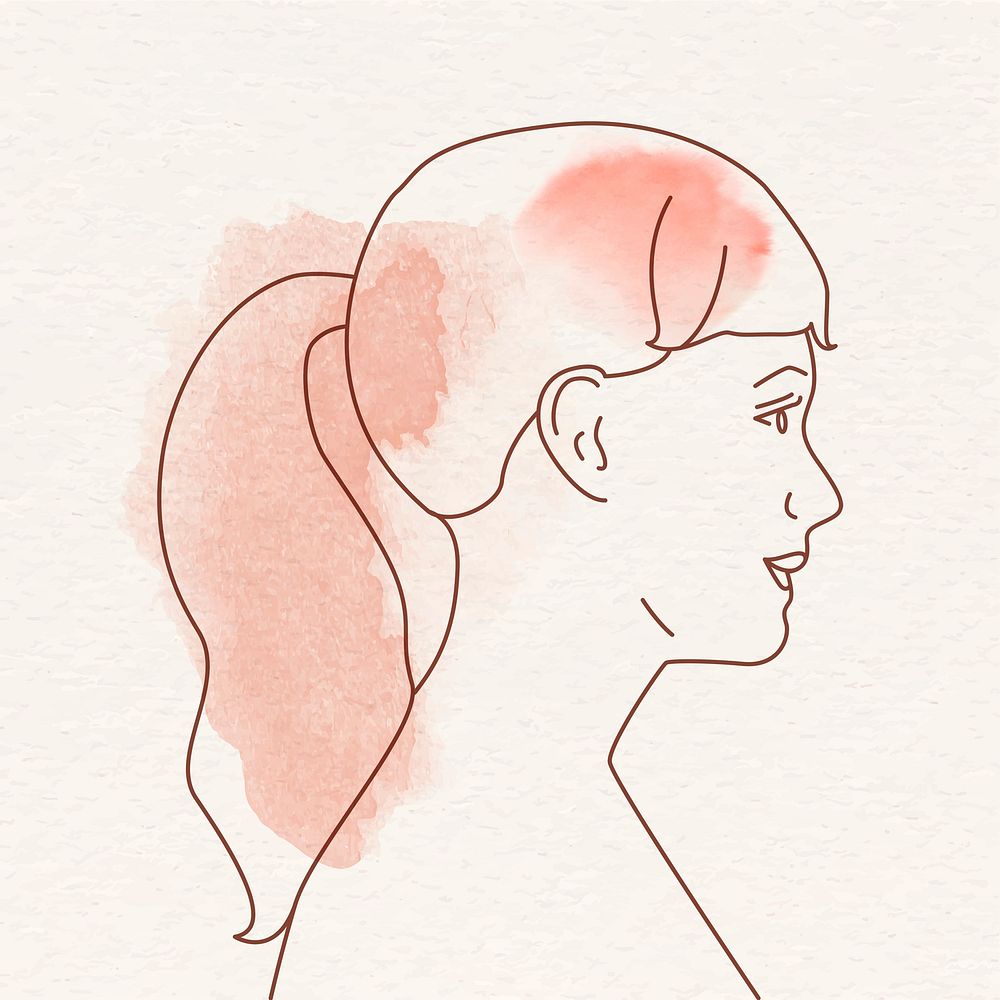 Woman in ponytail portrait, watercolor line art graphic psd