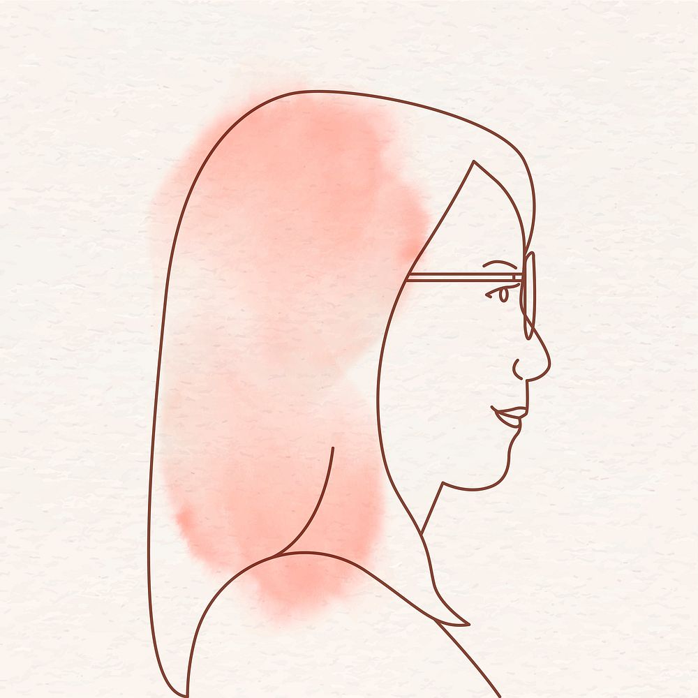 Nerdy woman portrait sticker, watercolor monoline illustration vector
