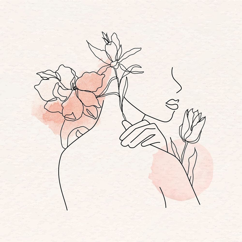 Female monoline portrait sticker, aesthetic floral design vector