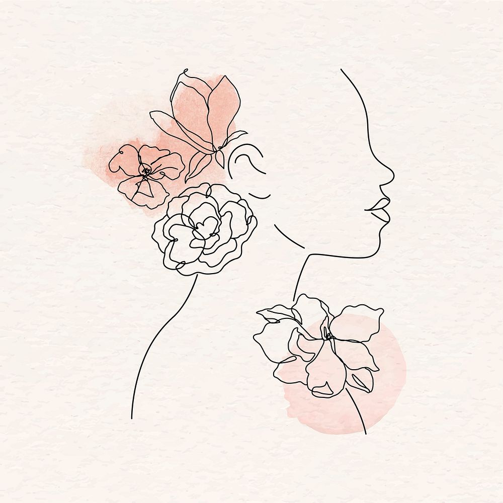 Woman monoline portrait sticker, watercolor floral design vector