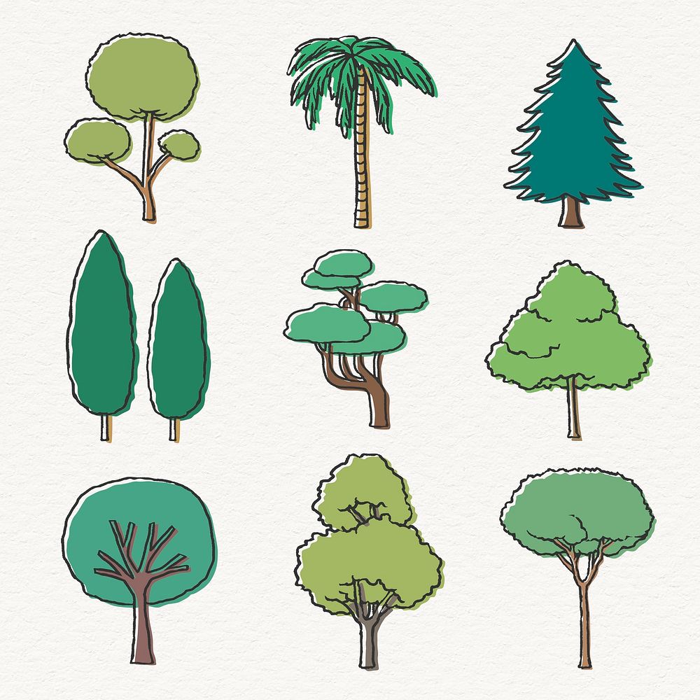 Colorful tree line art sticker collection psd