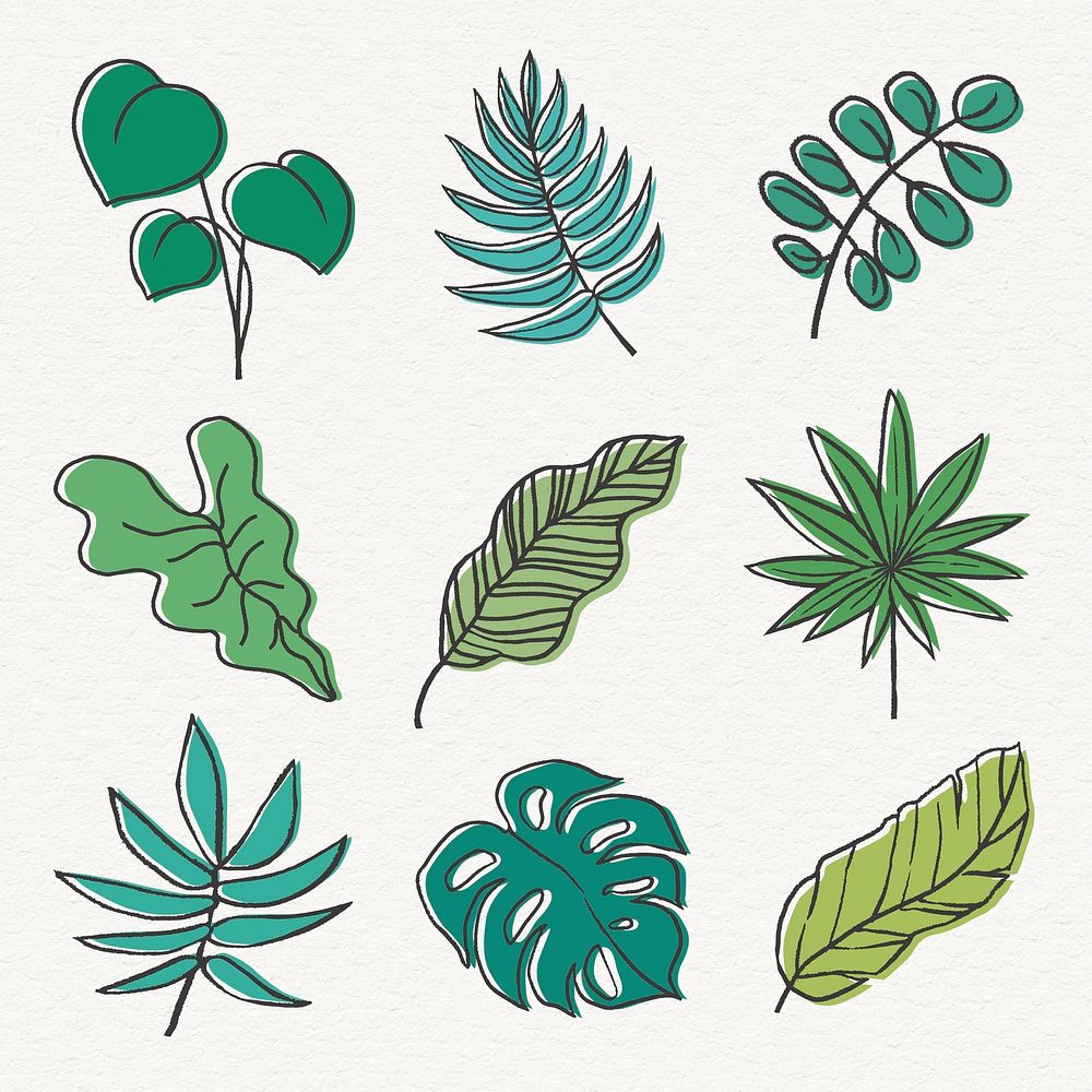 Colorful leaf line art sticker collection vector