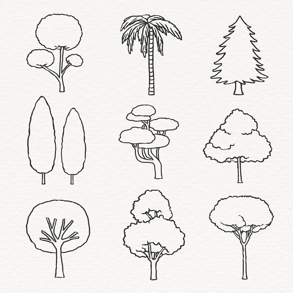 Simple tree line art collage element set psd