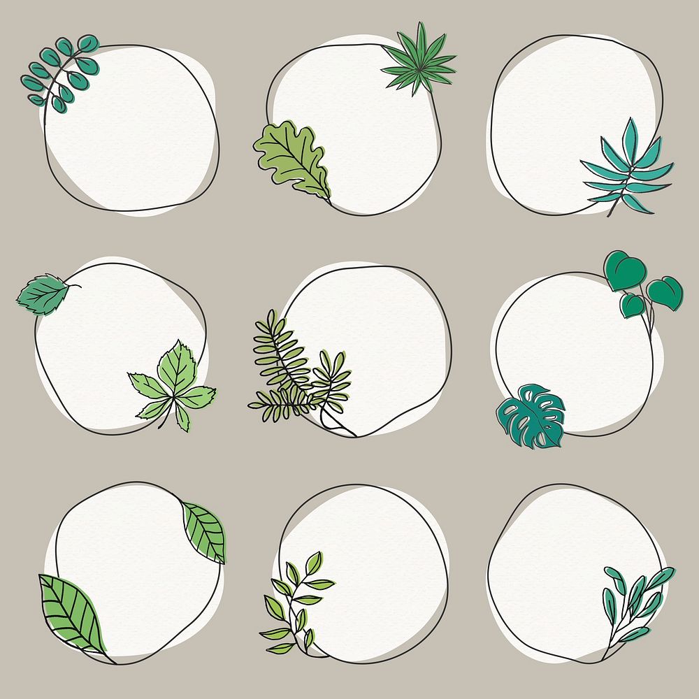 Leaves frame, abstract shapes sticker set psd