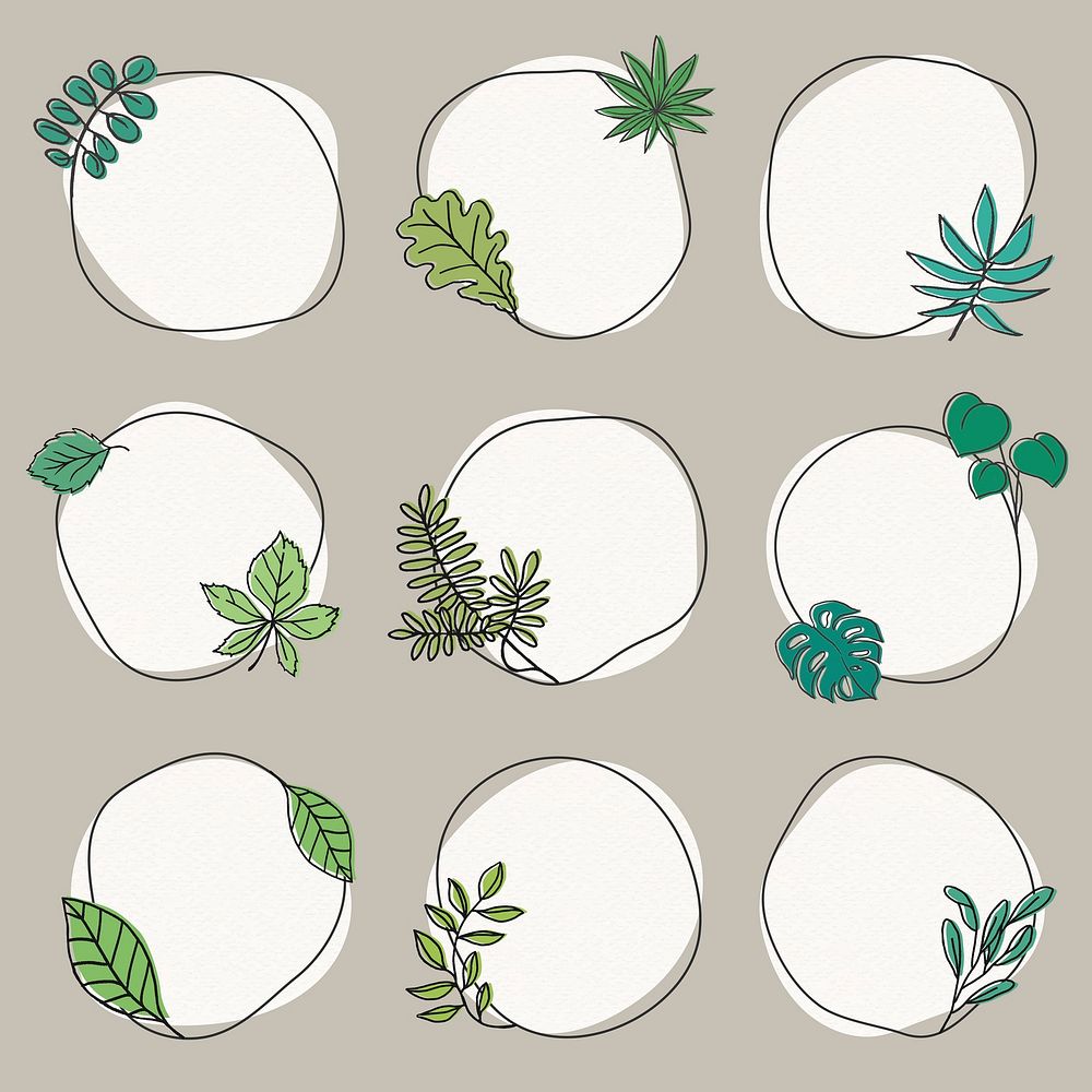 Leaves frame, abstract shapes sticker set vector