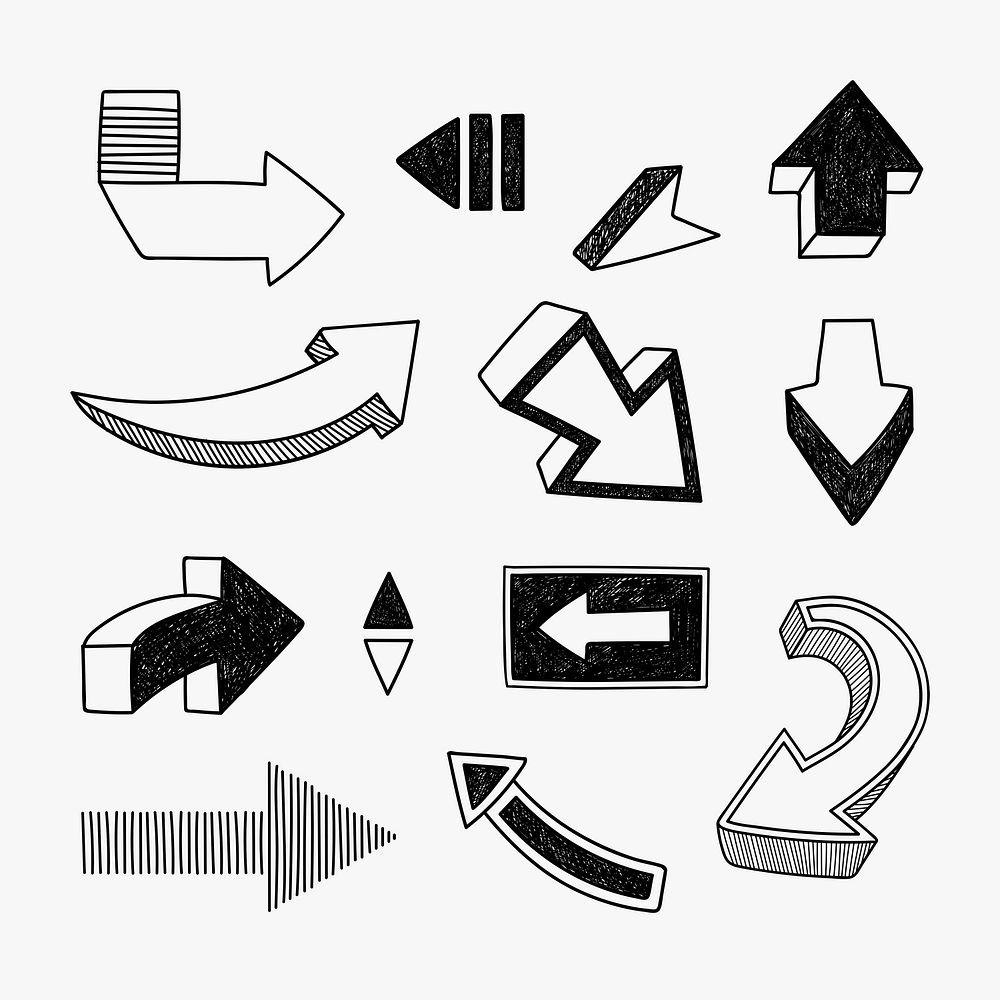 Black and white arrow illustration, black and white simple hand drawn design set psd