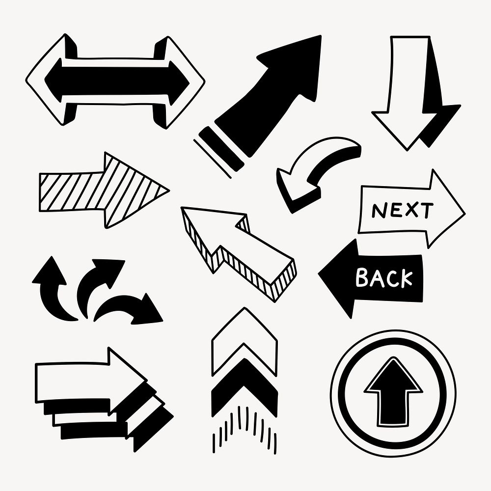 Black and white arrow illustration, black and white simple hand drawn design set vector