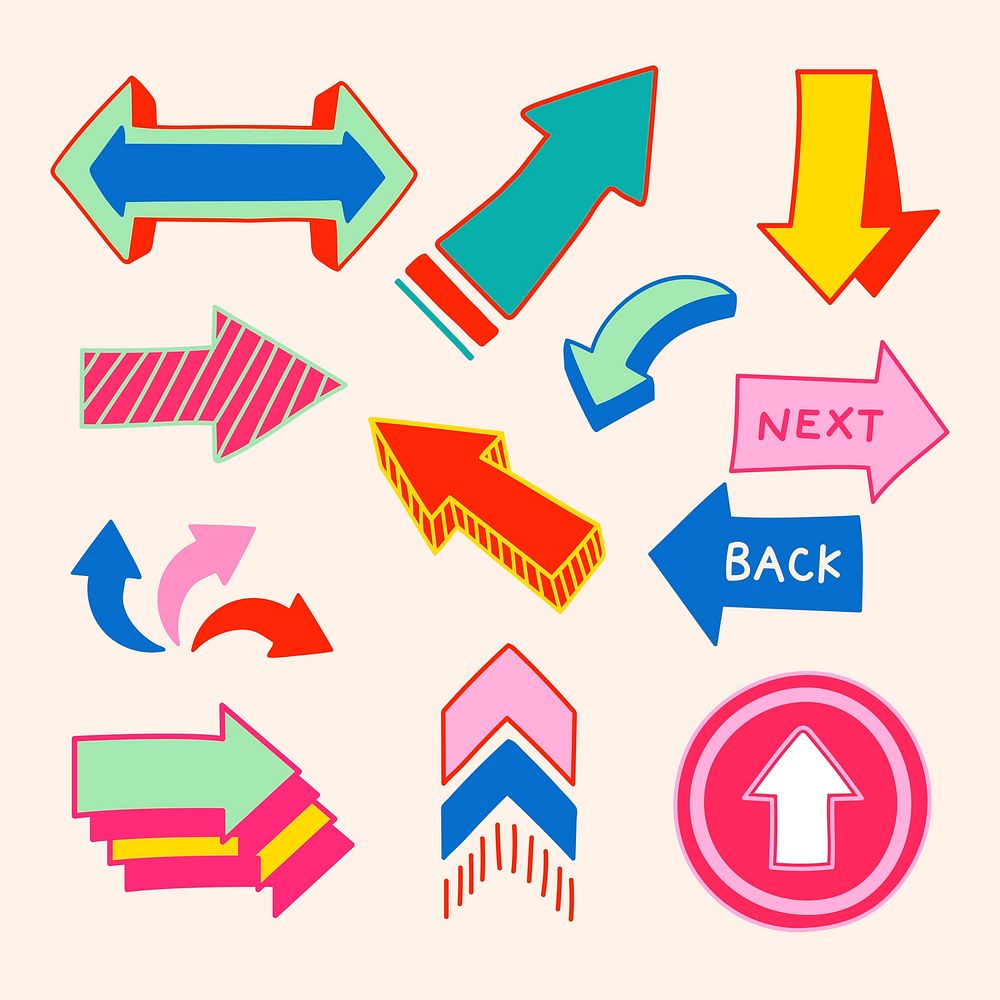 Minimal arrow illustration, hand drawn colorful simple design, transparent background set vector