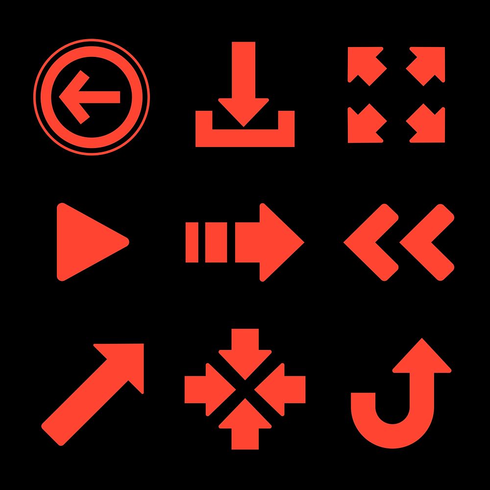 Minimal arrow graphic, red simple design, black background set vector