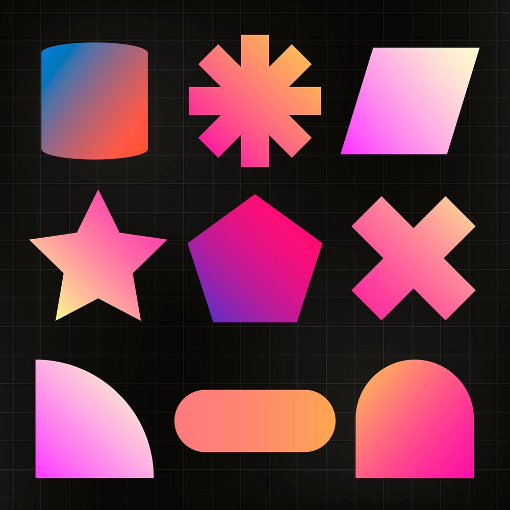 Geometric stickers, gradient color simple design, on black background psd