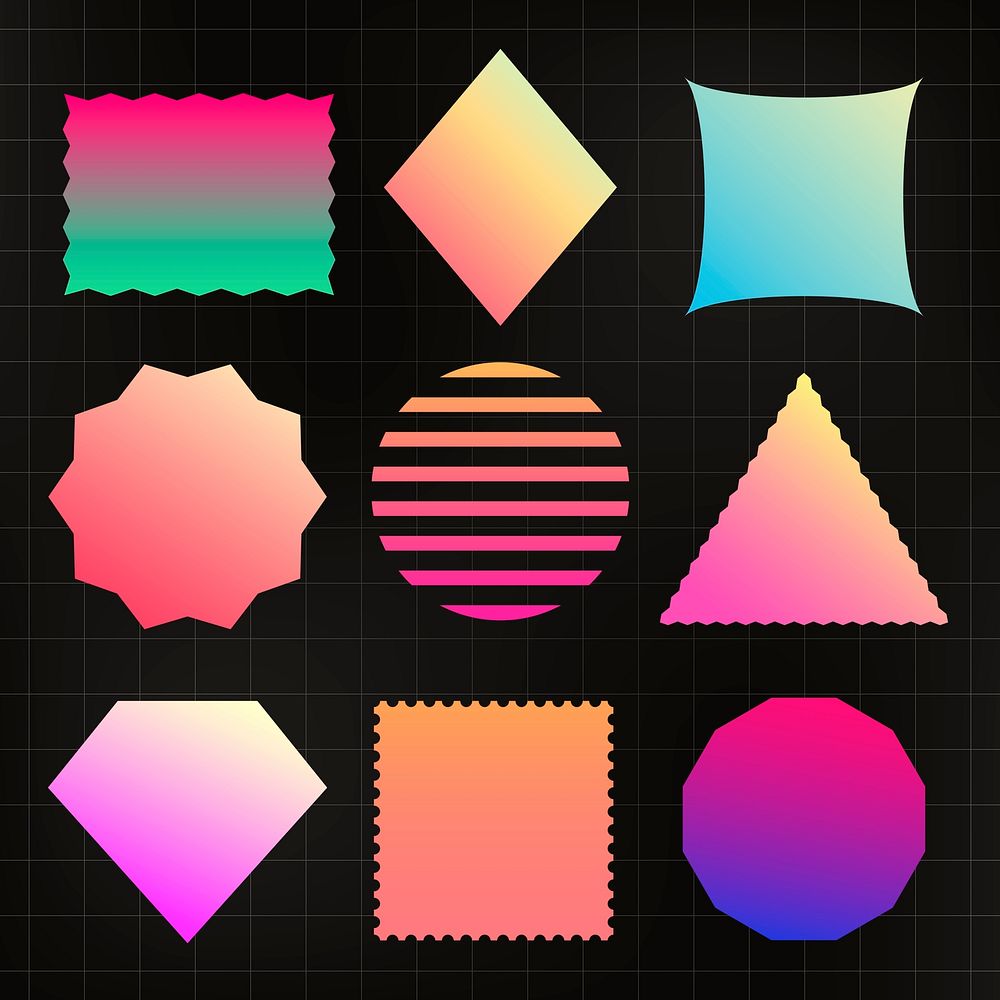 Geometric stickers, gradient color simple design, on black background psd