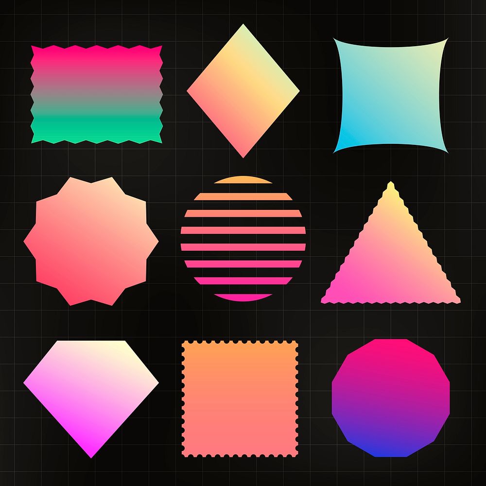 Minimal shape illustration, colorful gradient design, black background set vector