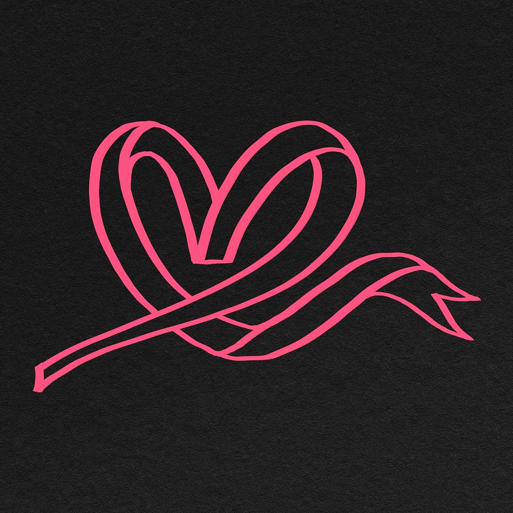 Heart ribbon collage element, pink doodle design psd