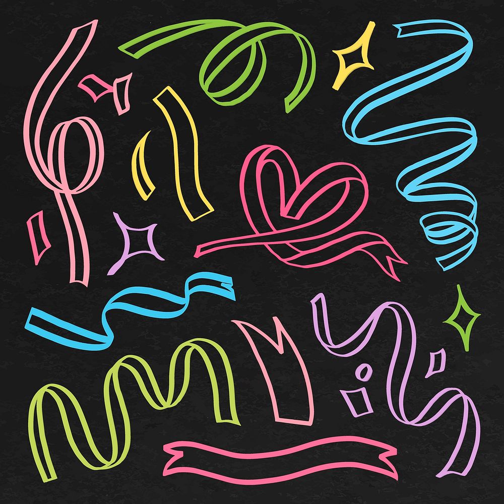 Colorful party doodle collage element, black background set vector