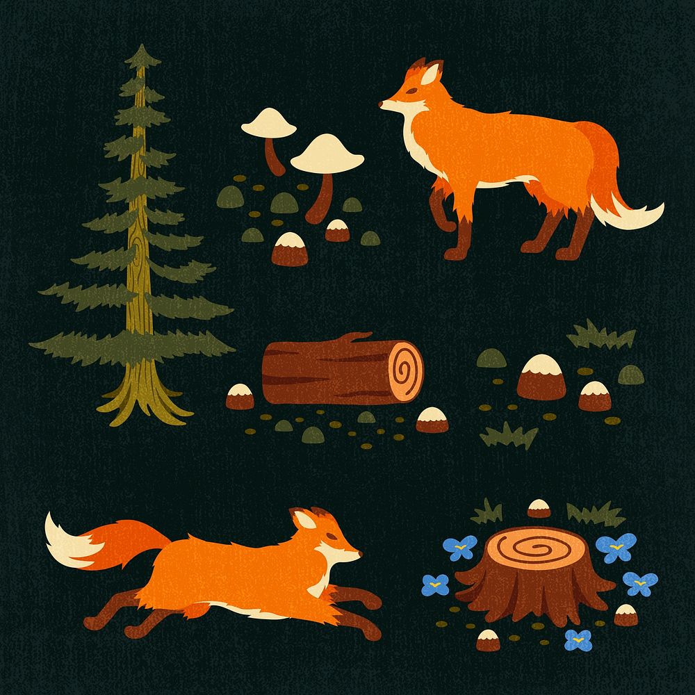 Fox stickers, nature illustration set psd