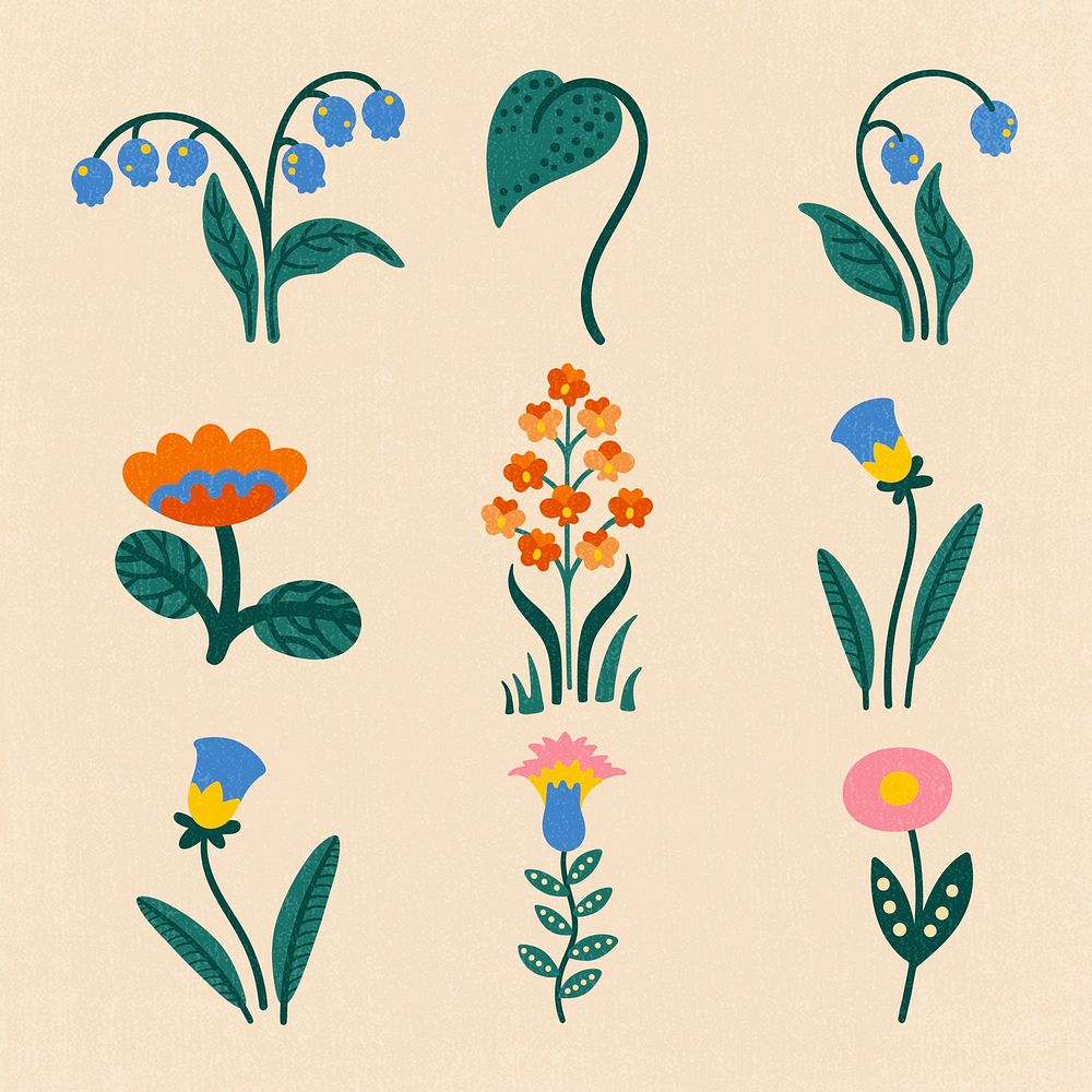 Botanical stickers, cute illustration set psd