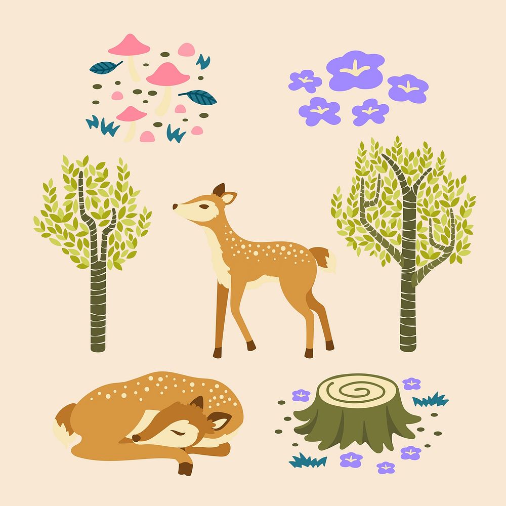 Deer stickers, nature illustration set vector