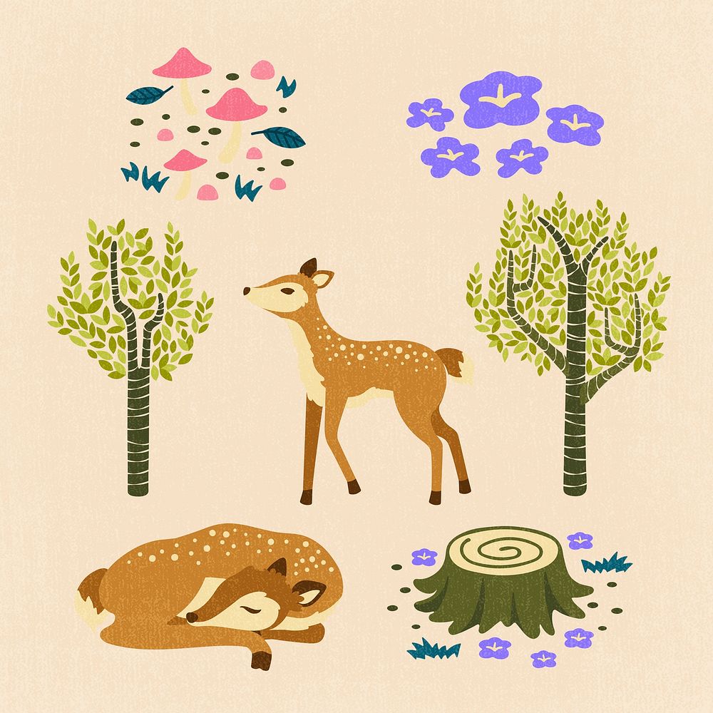 Fairytale animal stickers, cute illustration set psd