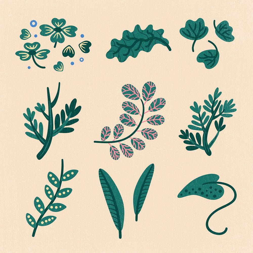 Green leaf stickers, nature illustration set psd