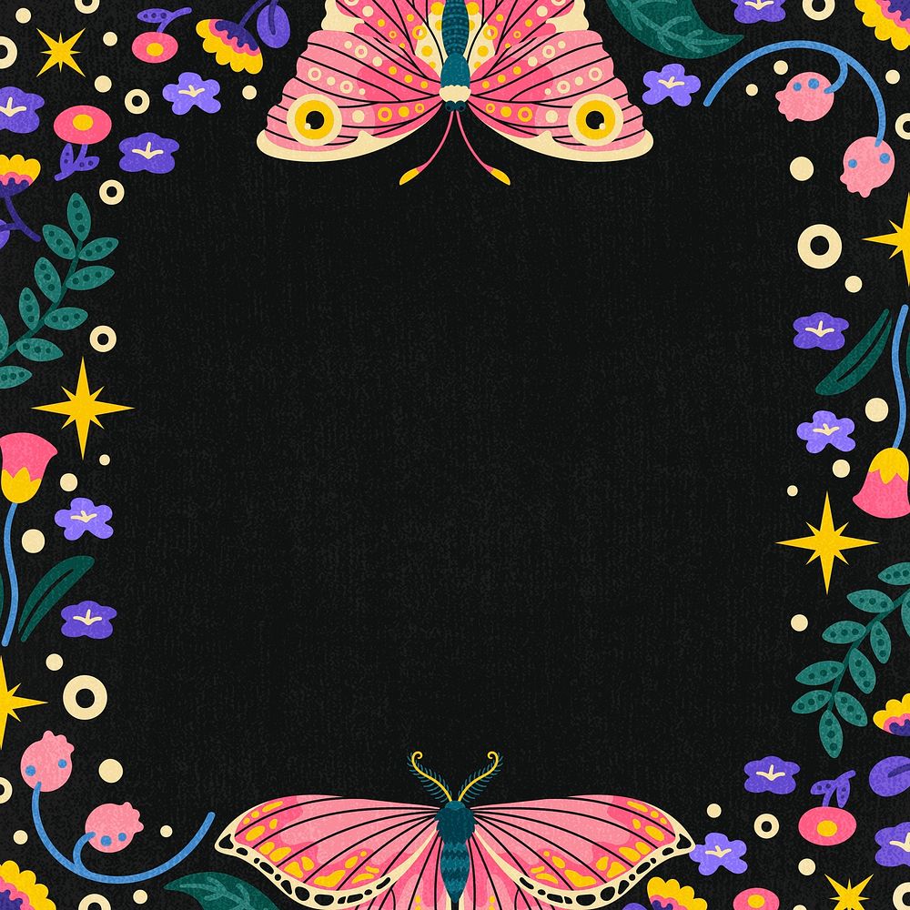 Butterfly frame, black background, aesthetic animal illustration psd