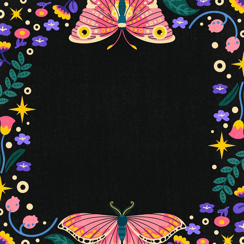 Vintage butterfly frame, black background, aesthetic animal illustration