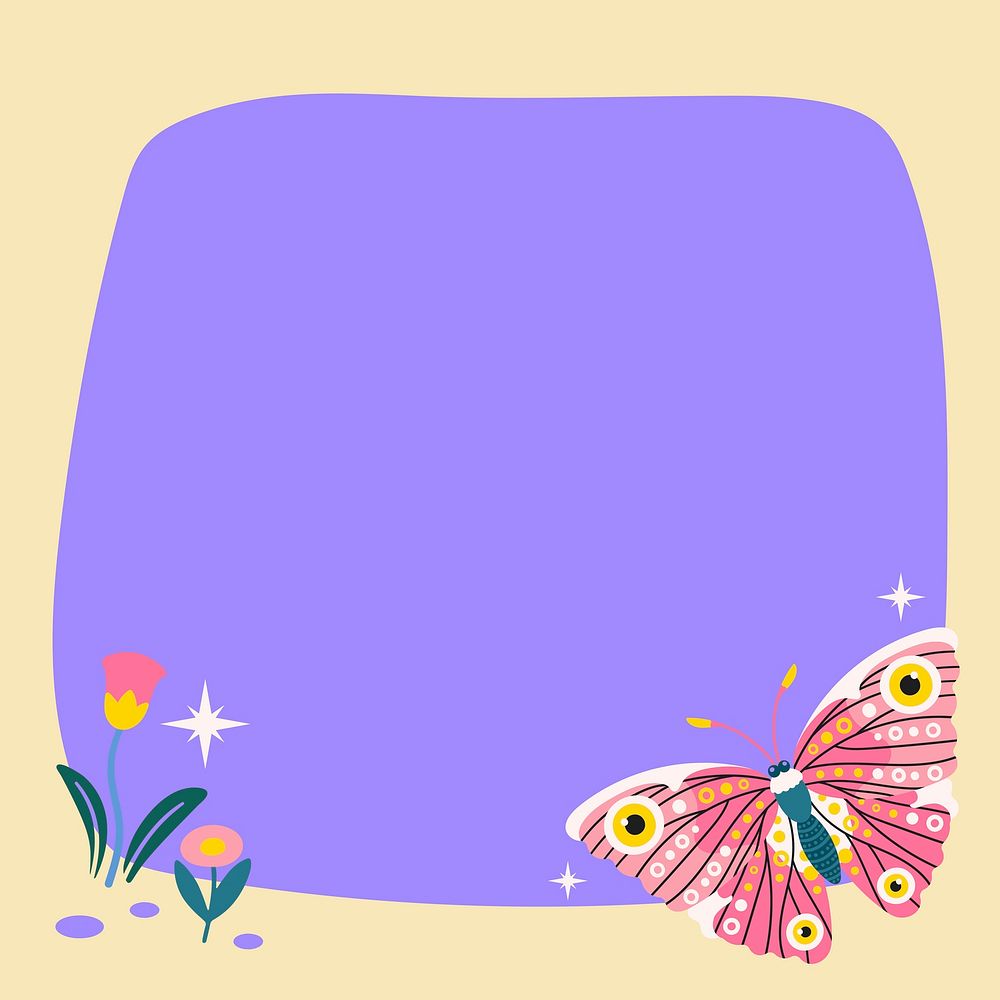 Purple aesthetic butterfly frame background, fairytale animal illustration vector
