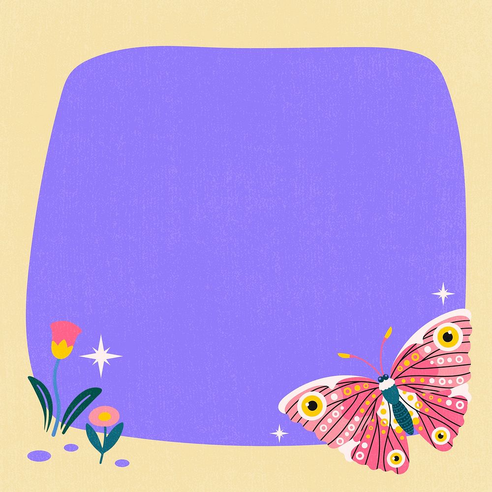 Purple aesthetic butterfly frame background, fairytale animal illustration