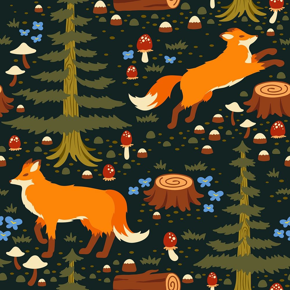 Fox seamless pattern background, fairytale animal cartoon vector