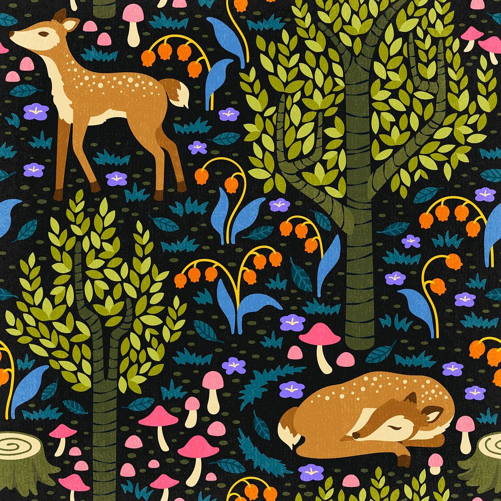 Fairytale forest seamless pattern background, colorful cartoon illustration