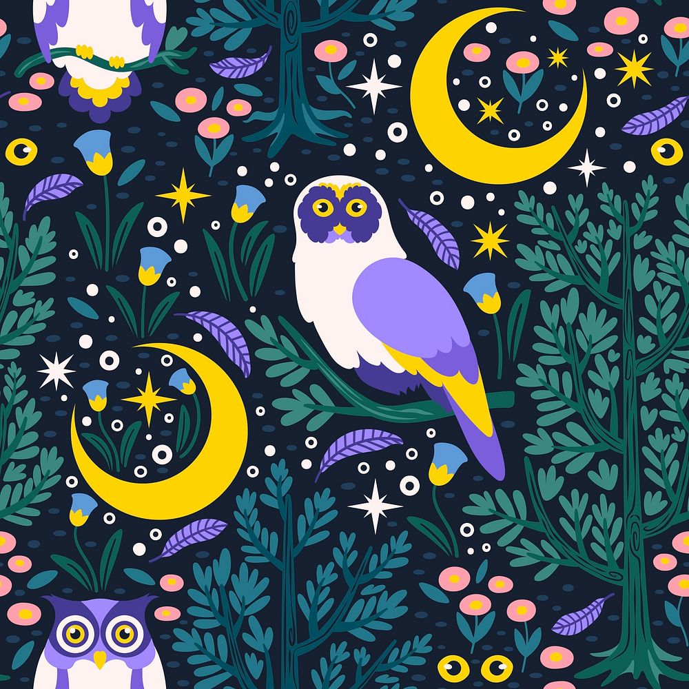 Owl seamless pattern background, fairytale animal illustration vector