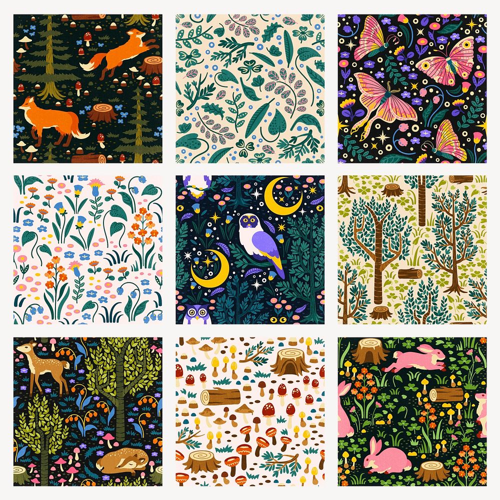 Fairytale animal seamless pattern, nature illustration set psd