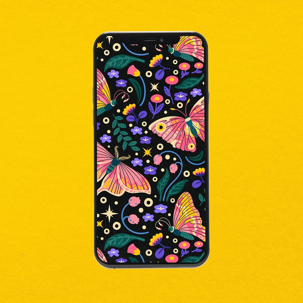 Butterfly pattern phone case mockup, colorful folk art design psd