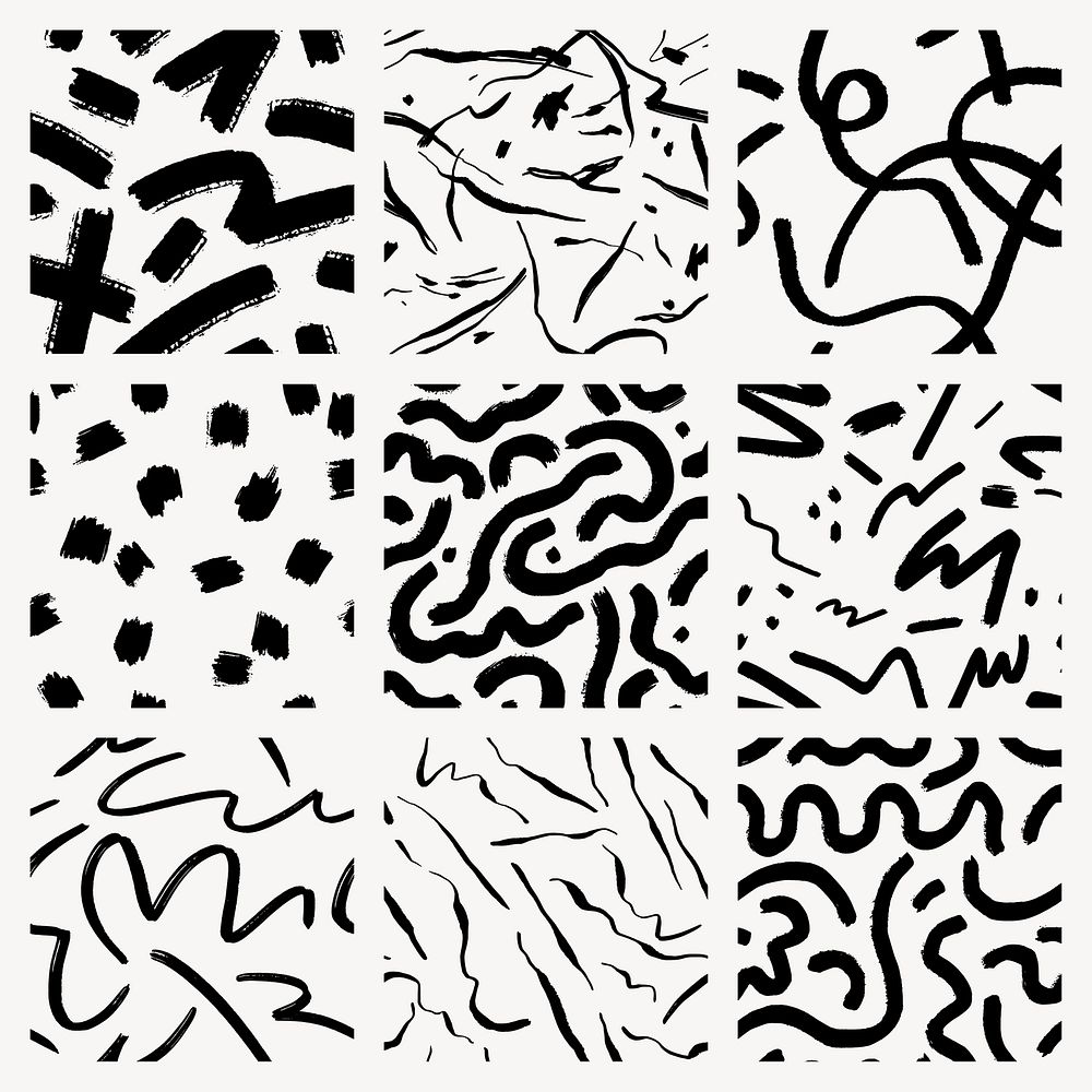 Black Memphis squiggle seamless pattern, abstract design set vector