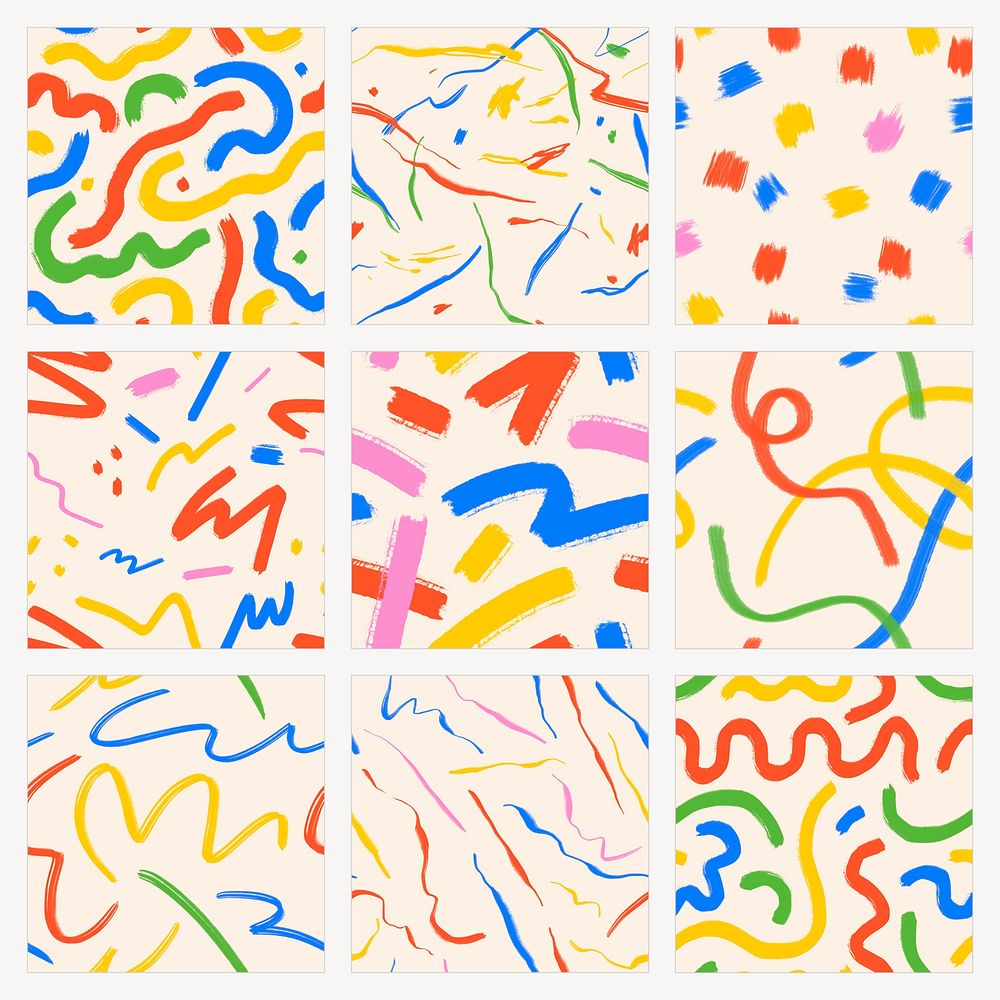 Colorful Memphis squiggle seamless pattern, abstract design set psd
