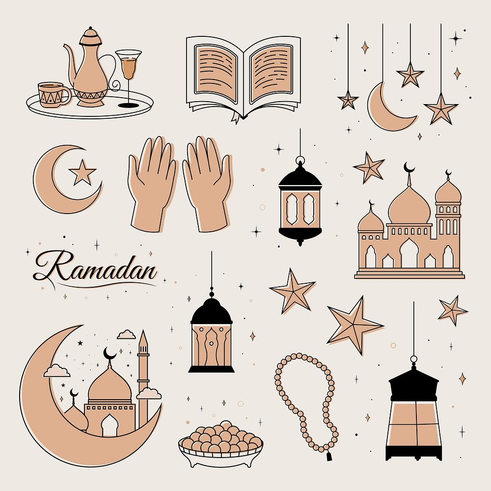 Beige Ramadan illustration, aesthetic celebration design psd set