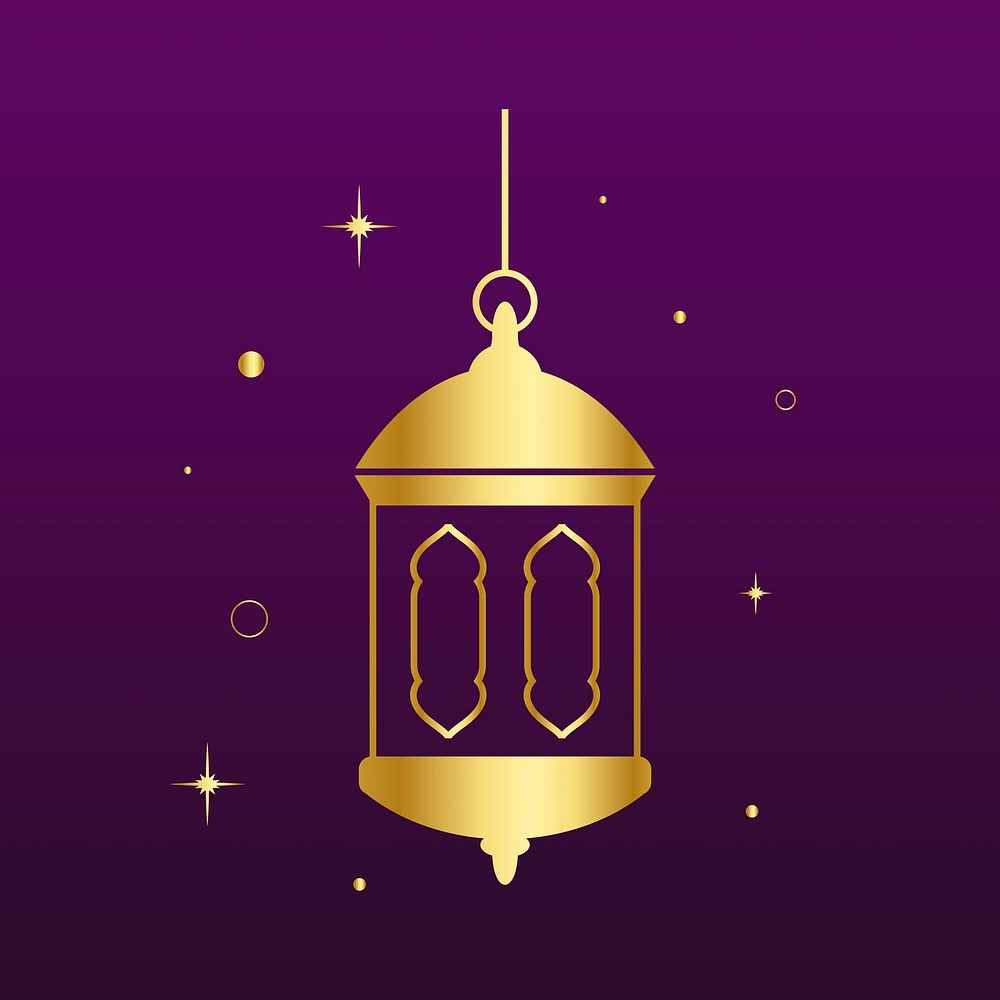 Golden Arabic lantern sticker line art, dark purple background vector