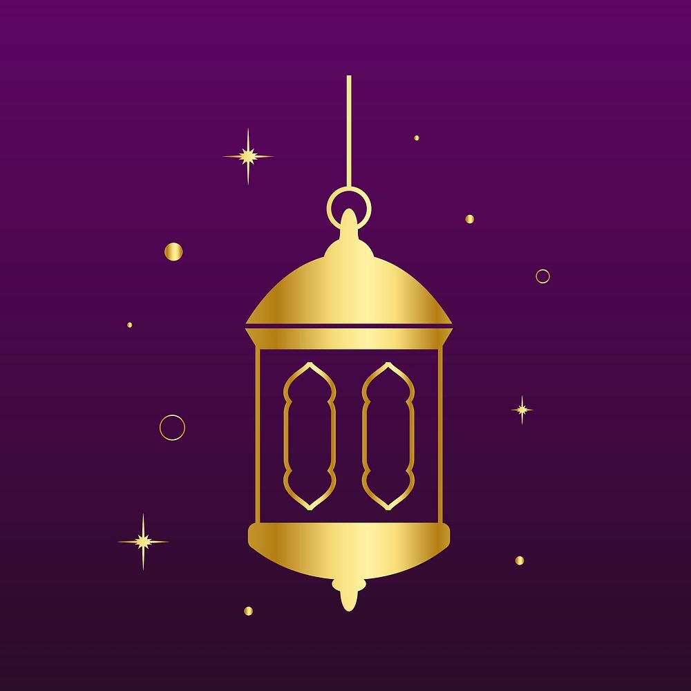Golden Arabic lantern sticker line art, dark purple background psd