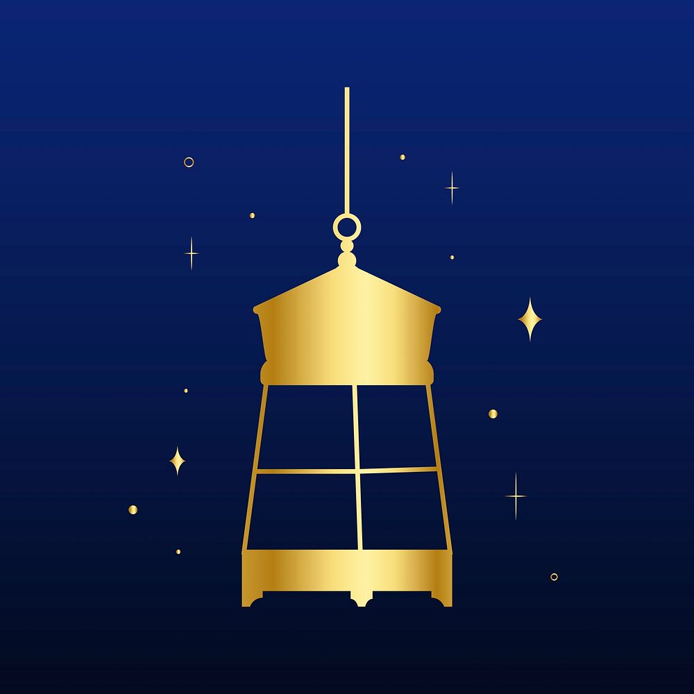 Golden Arabic lantern sticker line art, dark blue background vector